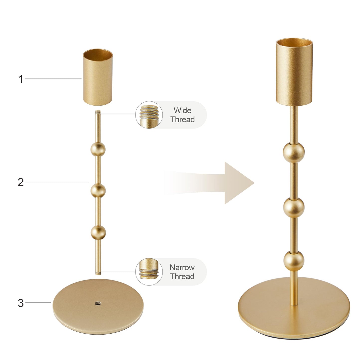 Gold Metal Beaded Taper Candle Holders Set of 3