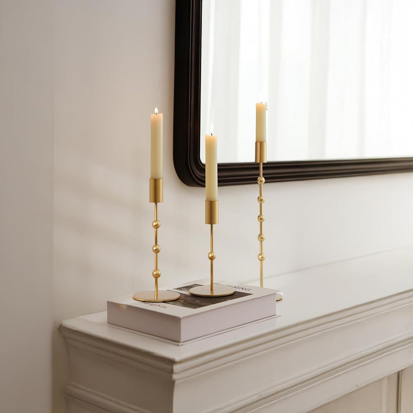 Gold Metal Beaded Taper Candle Holders Set of 3