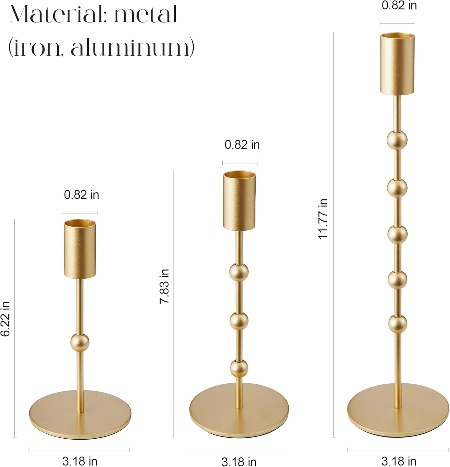 Gold Metal Beaded Taper Candle Holders Set of 3