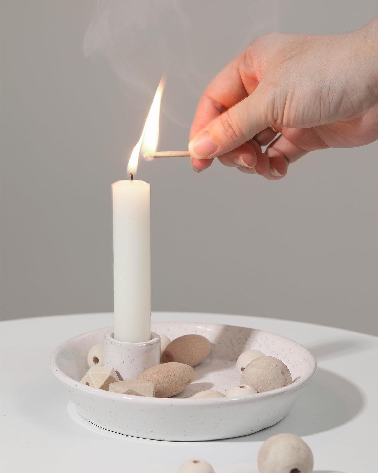 White Ceramic Round Candlestick Holder with Tray