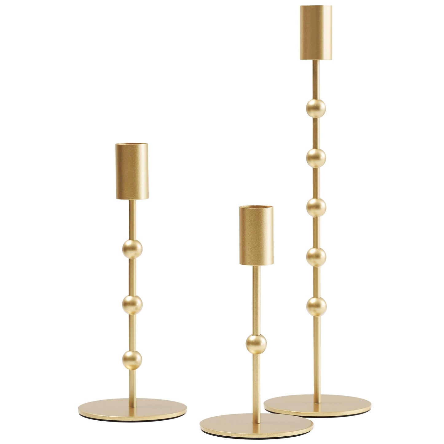 Gold Metal Beaded Taper Candle Holders Set of 3