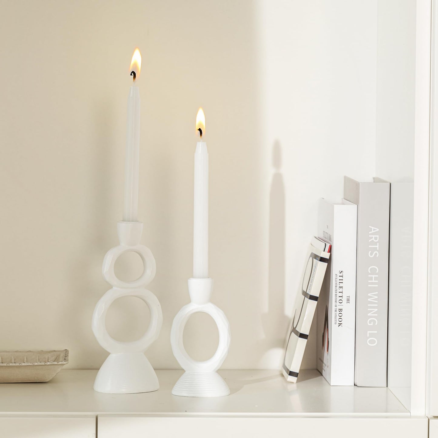 White Resin Decorative Taper Candle Holder Set of 2