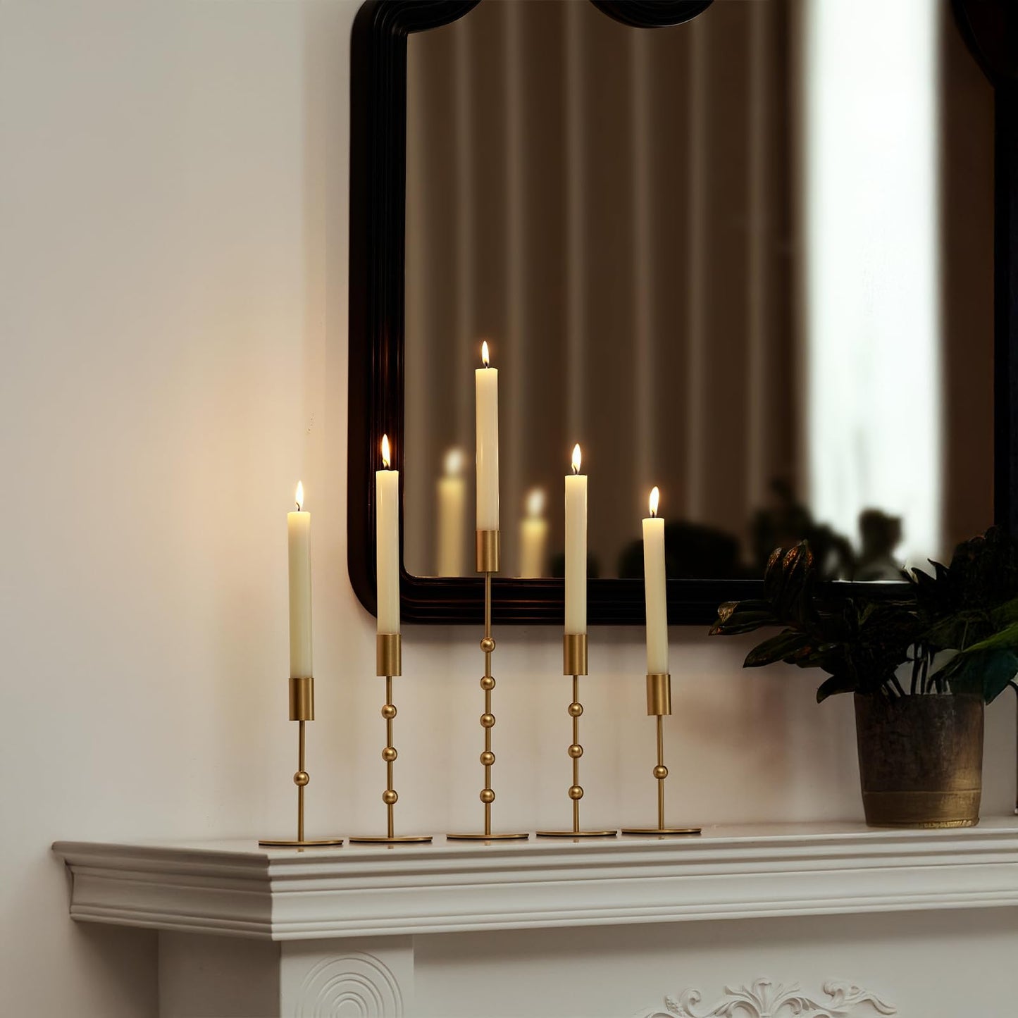 Gold Metal Beaded Taper Candle Holders Set of 3