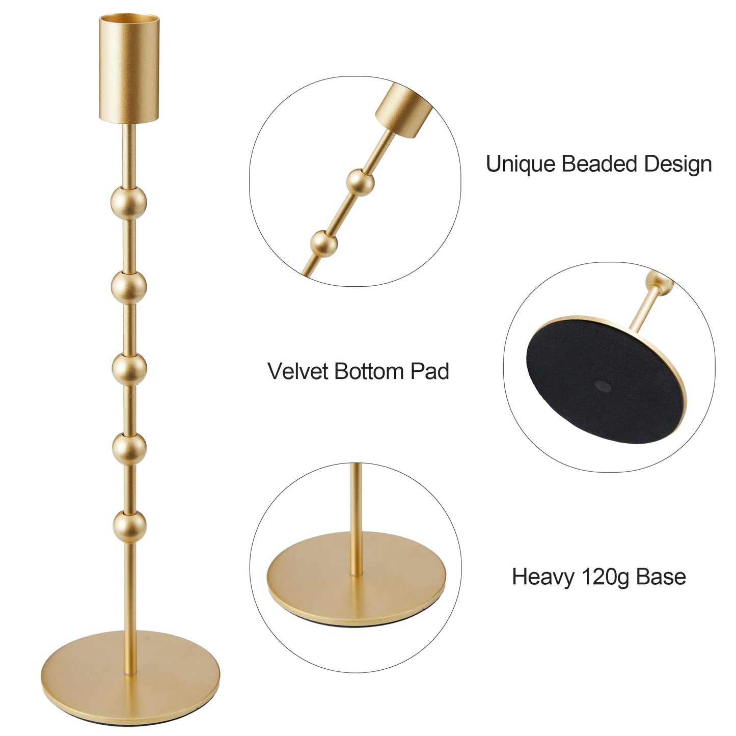 Gold Metal Beaded Taper Candle Holders Set of 3