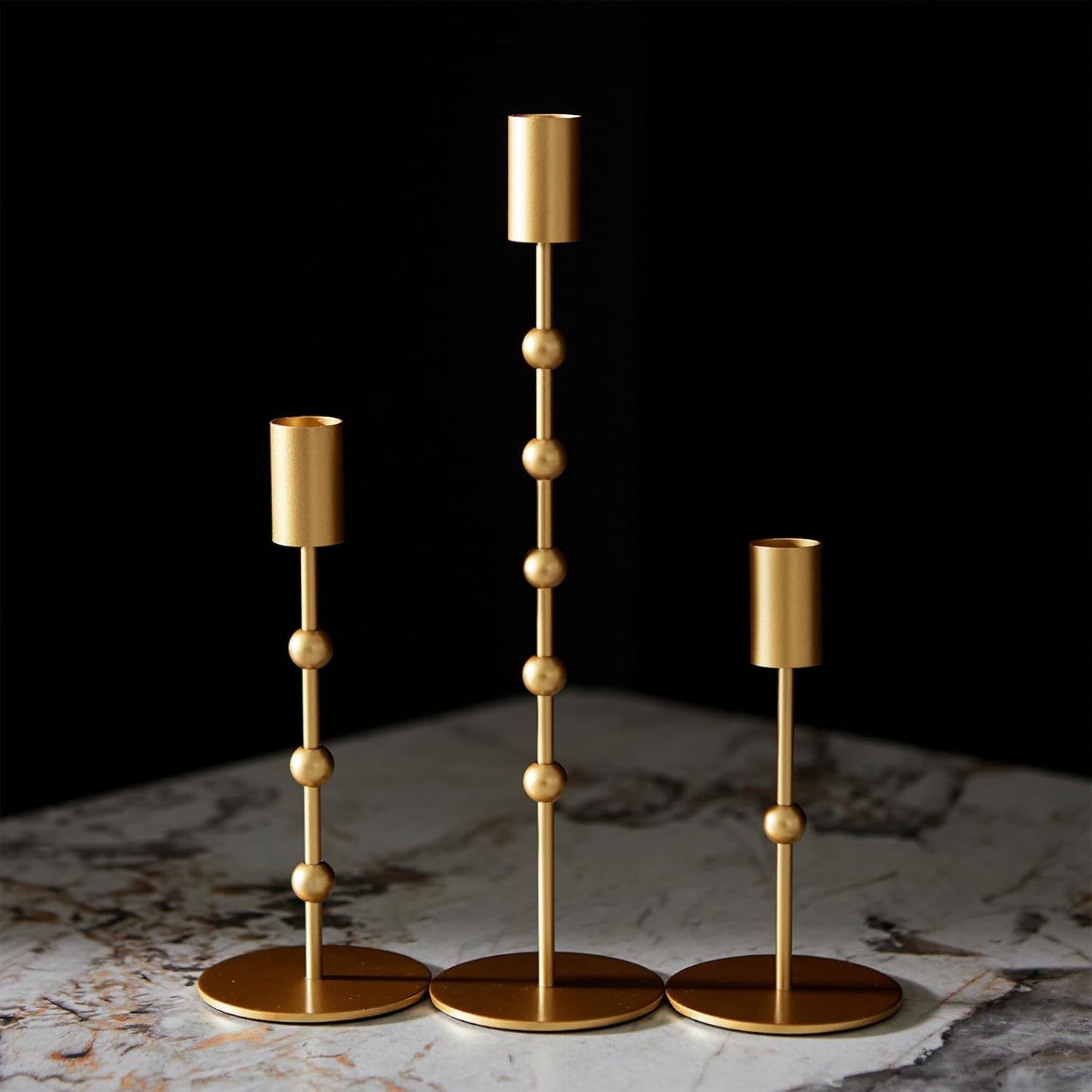 Gold Metal Beaded Taper Candle Holders Set of 3