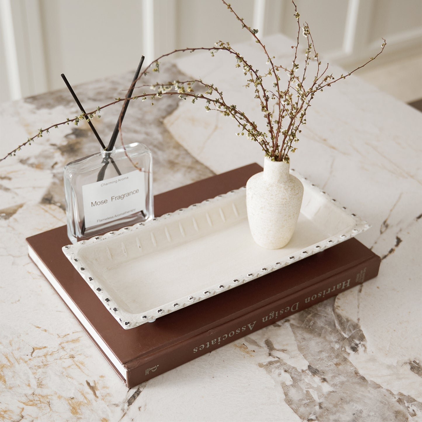 11.61x5.31x1.30in Wooded Rectangular White Decorative Tray