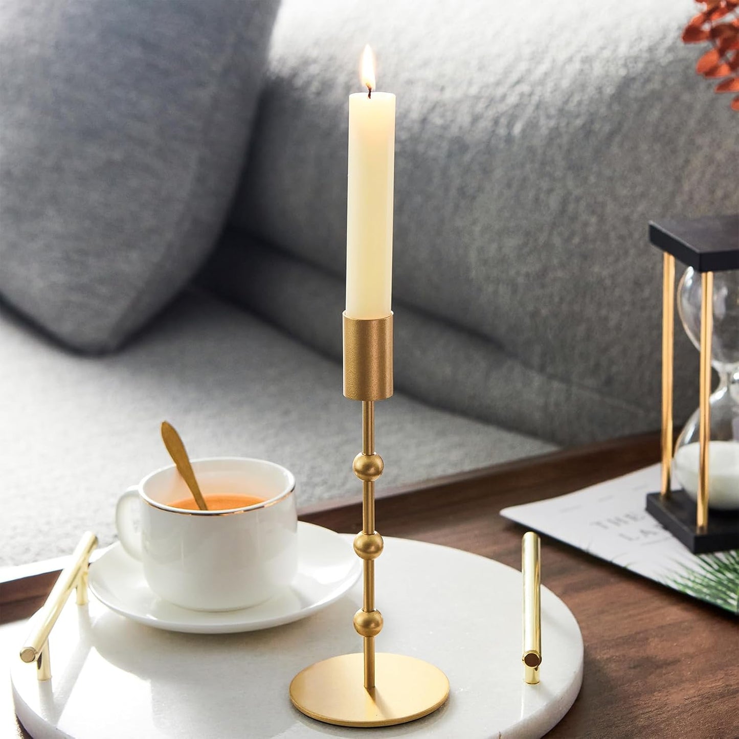 Gold Metal Beaded Taper Candle Holders Set of 3