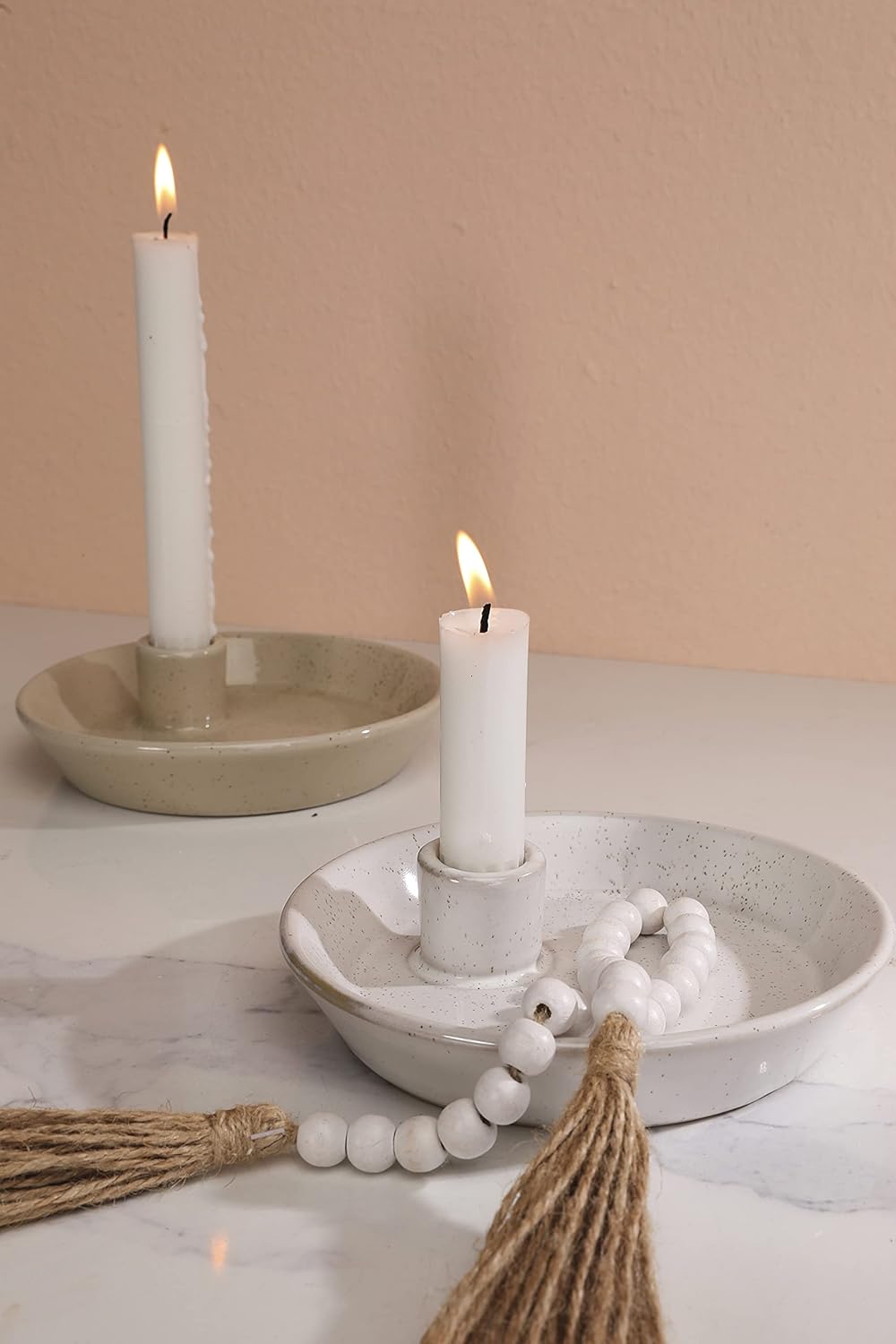 White Ceramic Round Candlestick Holder with Tray