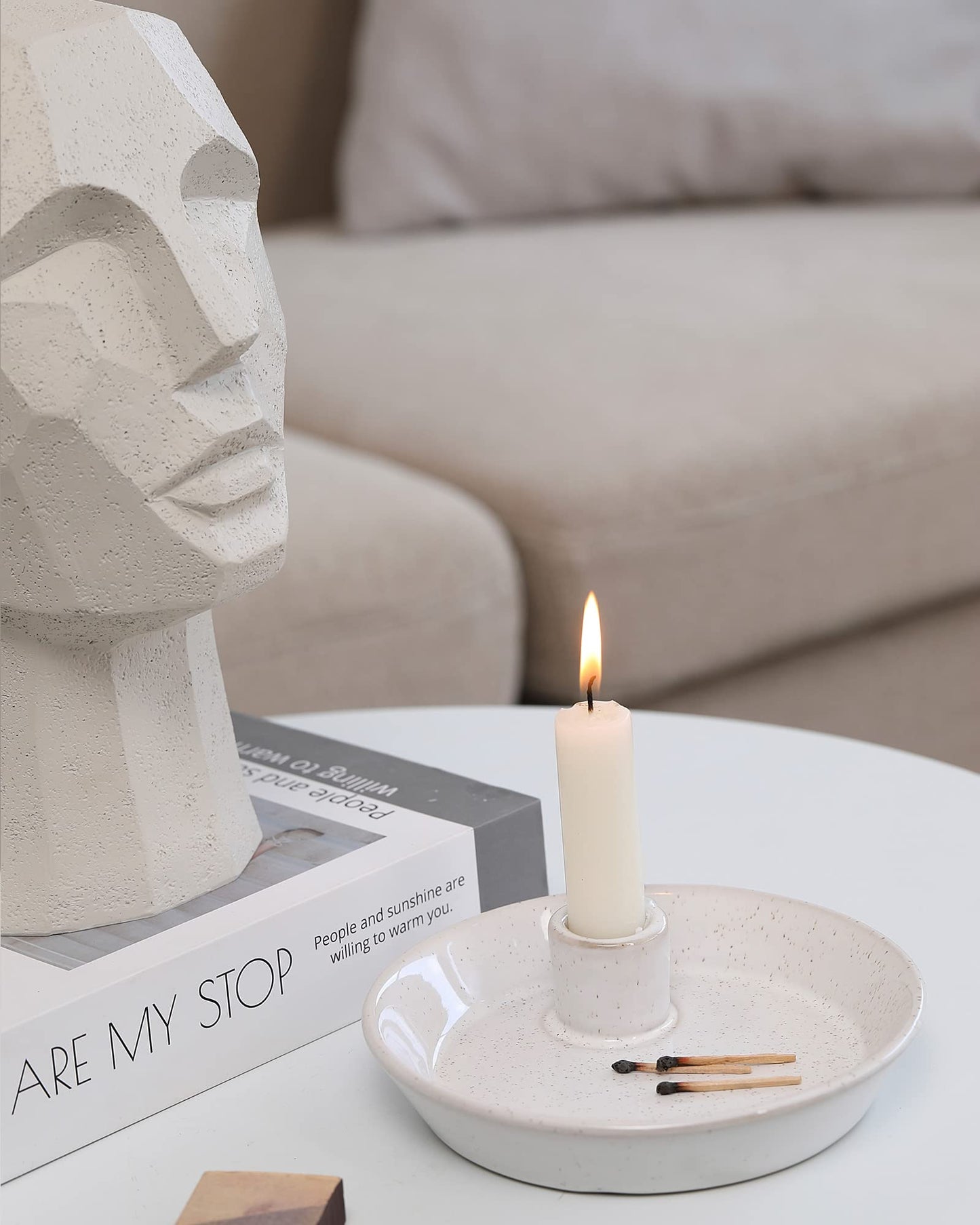 White Ceramic Round Candlestick Holder with Tray