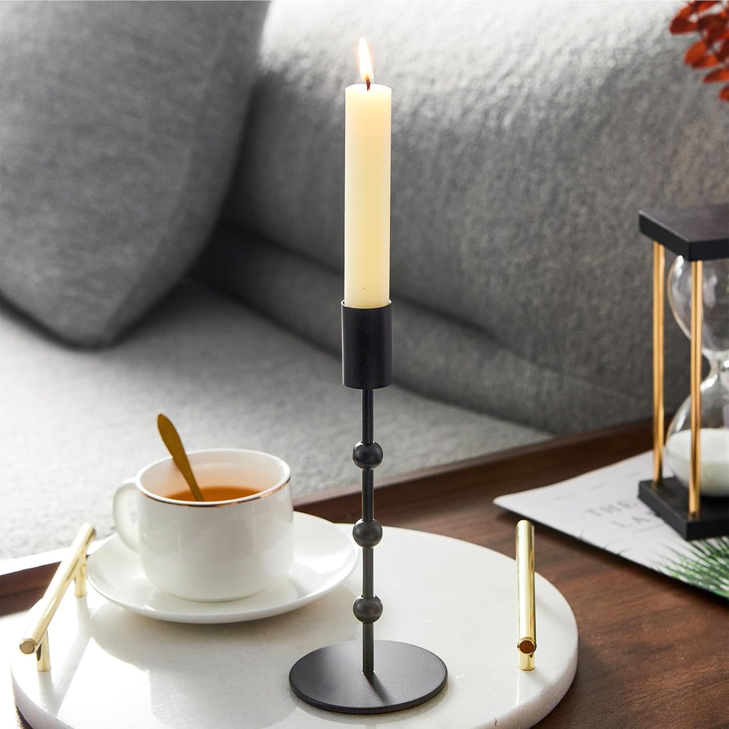 Black Metal Set of 3 Beaded Candlestick Holders Decorations