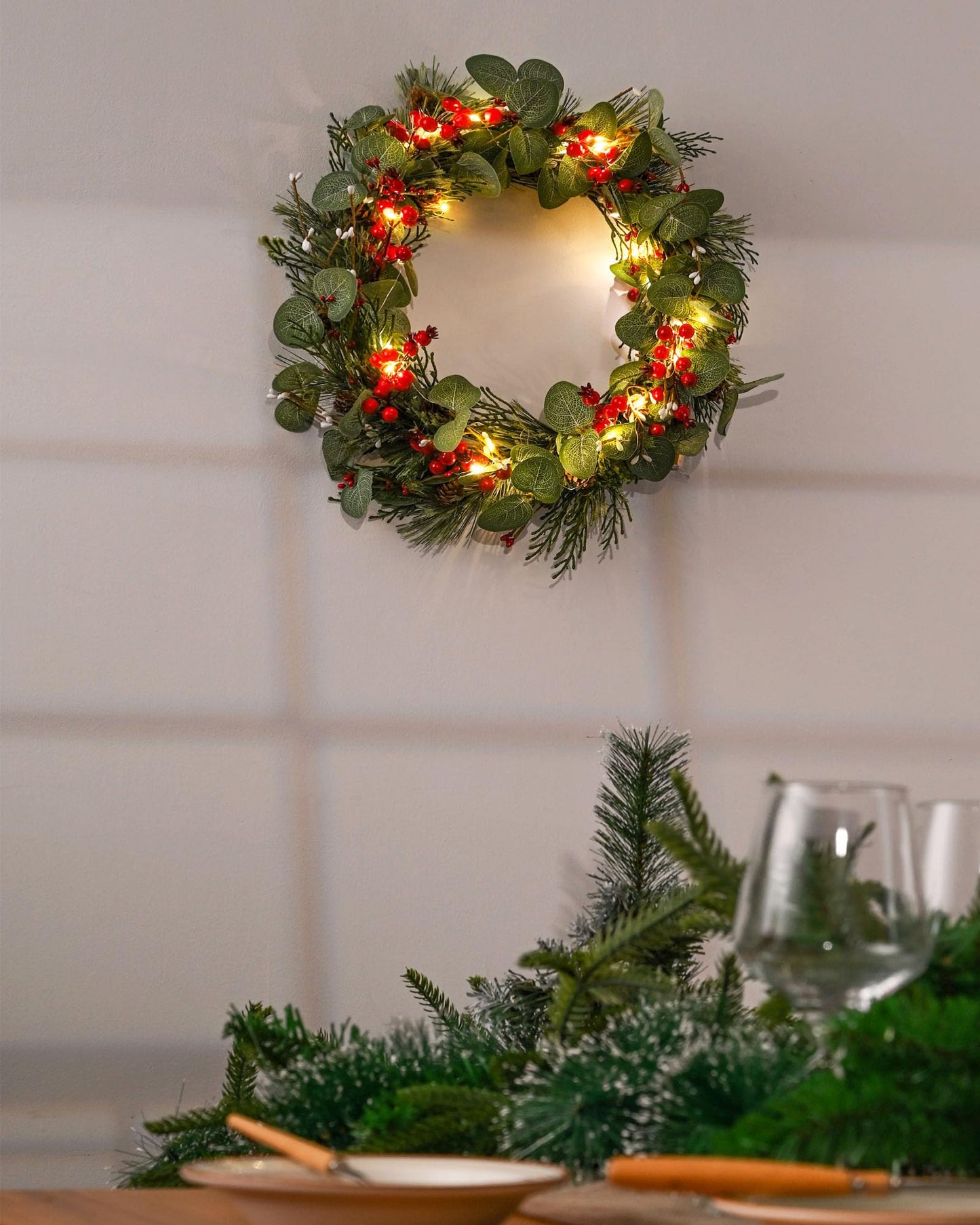 20 Inch Lighted Spring Wreath with Pine Cones Decorative Battery Operated