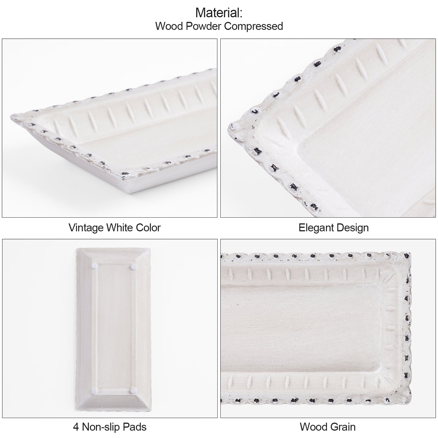 11.61x5.31x1.30in Wooded Rectangular White Decorative Tray