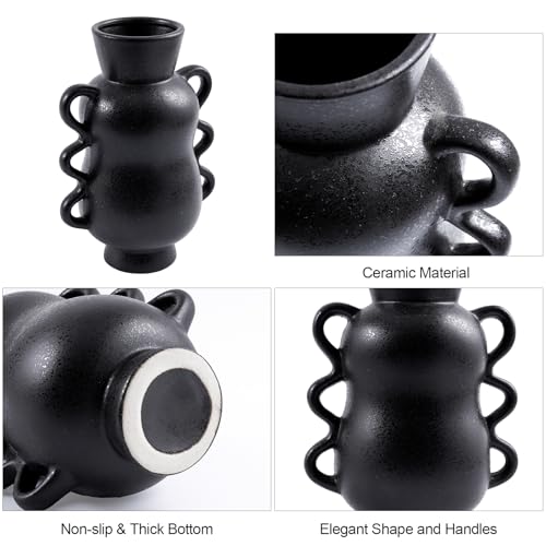 Black Ceramic Decorative Vase with Wave Handles