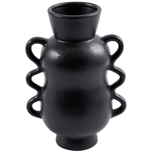Black Ceramic Decorative Vase with Wave Handles