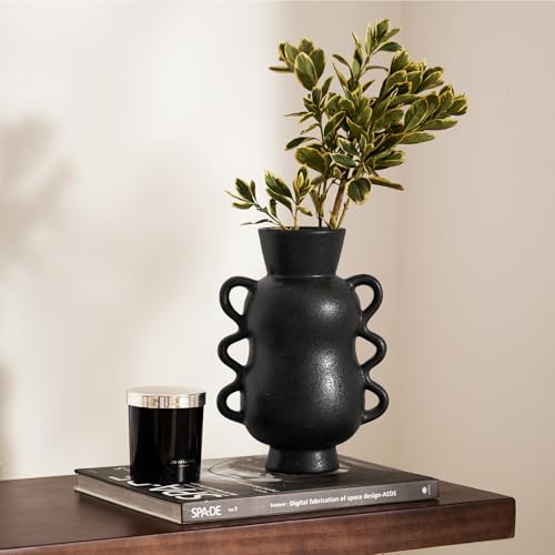 Black Ceramic Decorative Vase with Wave Handles