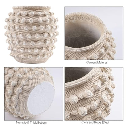 6.6 Inch Beige Cement Decorative Flower Vases with Rope Knots