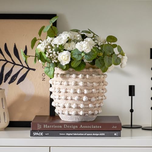 6.6 Inch Beige Cement Decorative Flower Vases with Rope Knots