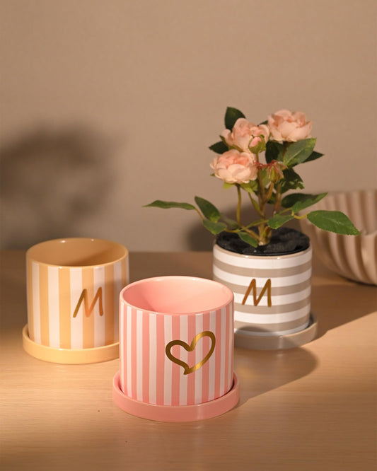 3 PCS Ceramic Colorful Striped Flower Pots with Drainage and Saucers