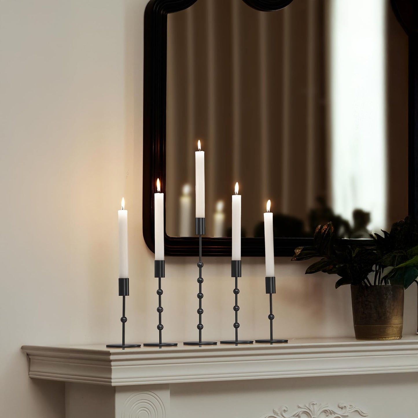 Black Metal Set of 3 Beaded Candlestick Holders Decorations