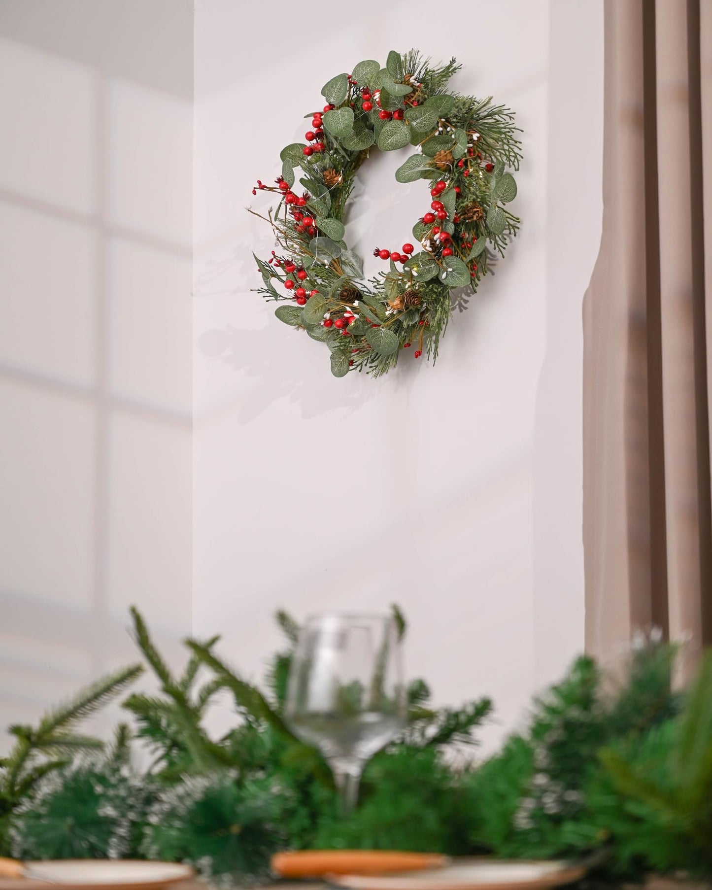20 Inch Lighted Spring Wreath with Pine Cones Decorative Battery Operated