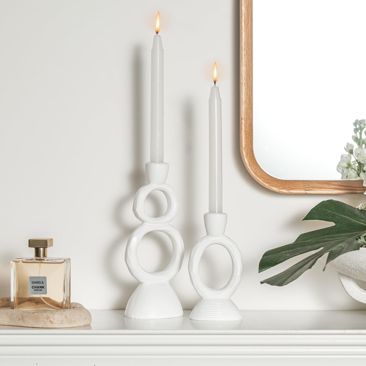 White Resin Decorative Taper Candle Holder Set of 2
