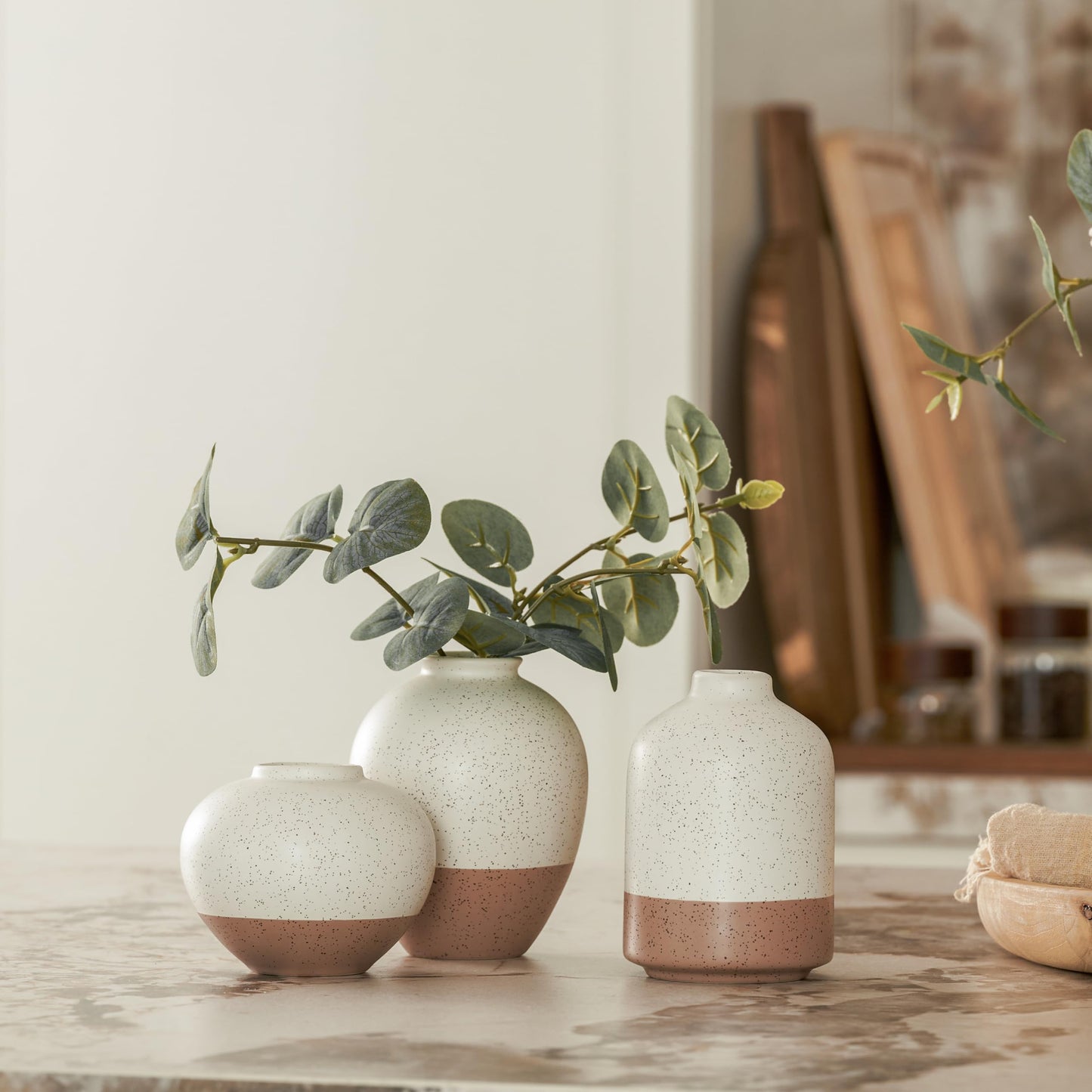 Ceramic Vases Set of 3 Beige & Brown Blocked Speckled