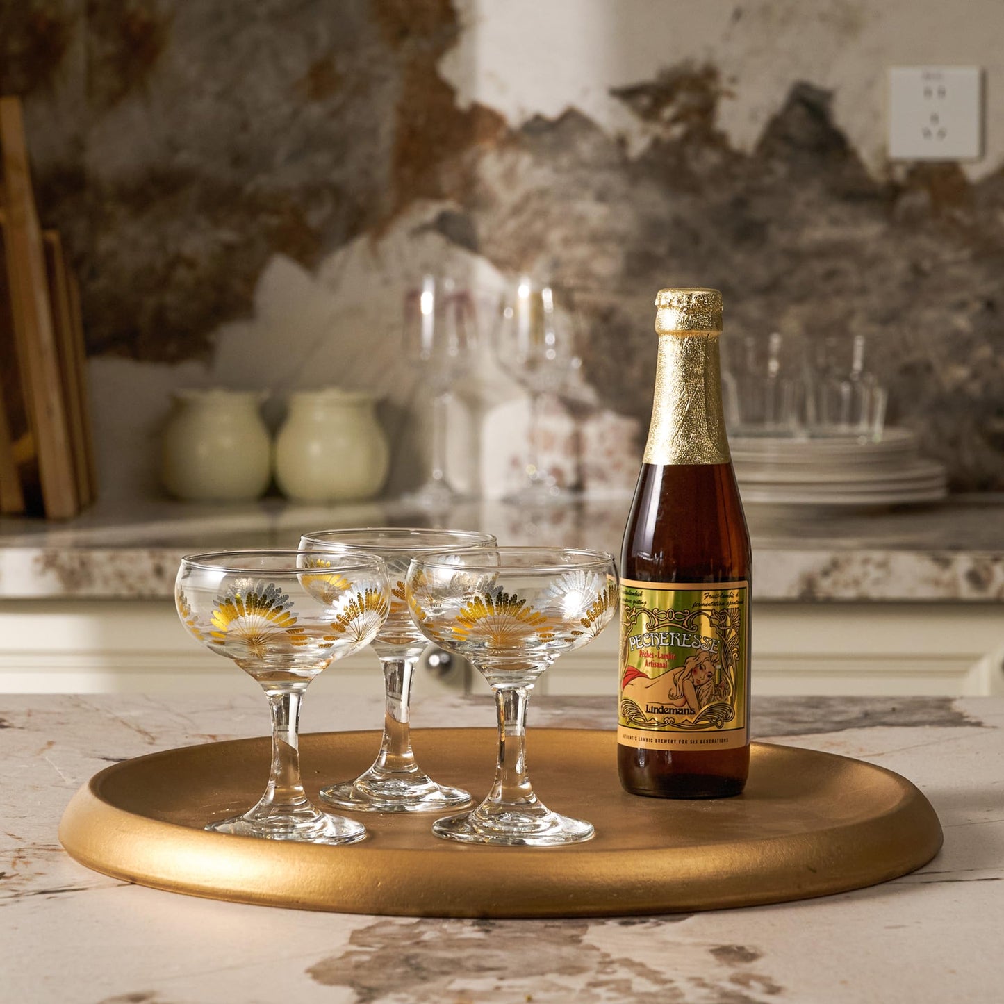 14 Inch Gold Round Wooden Decorative Tray