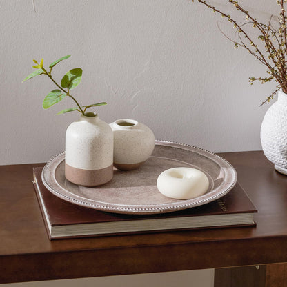 11.8in Round Wooden Brown and White Decorative Tray