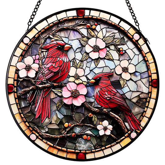 Hand-Painted Cardinal Stained Glass Suncatcher Window Hanging with Metal Chain