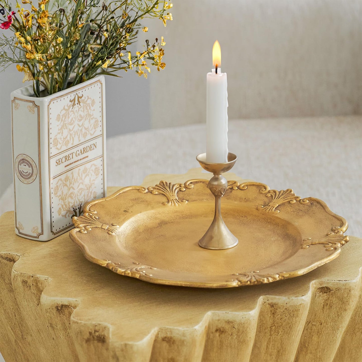 12in Gold Round Wooden Decorative Tray