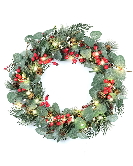 20 Inch Lighted Spring Wreath with Pine Cones Decorative Battery Operated