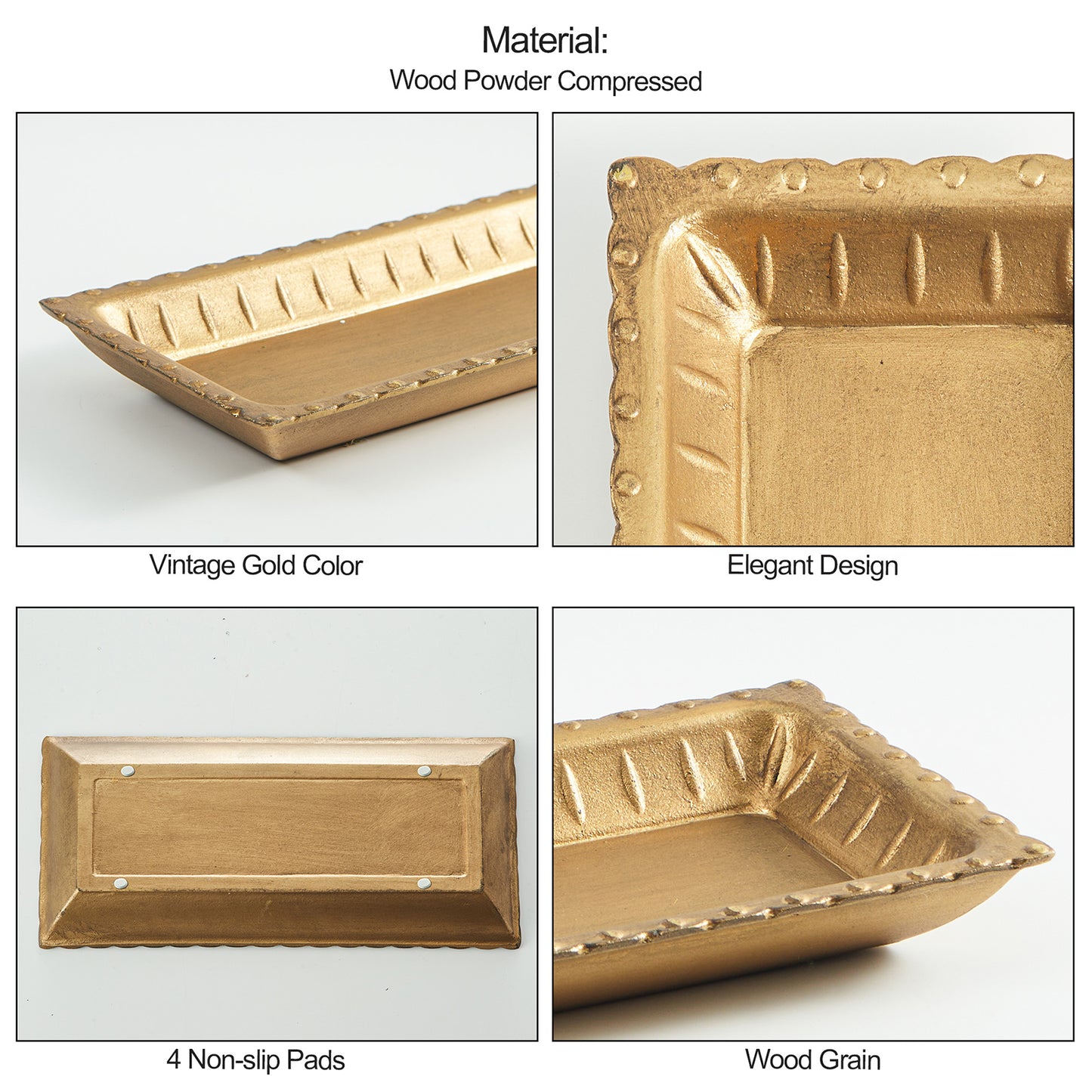 11.61x5.31x1.30in Wood Gold Rectangular Decorative Tray