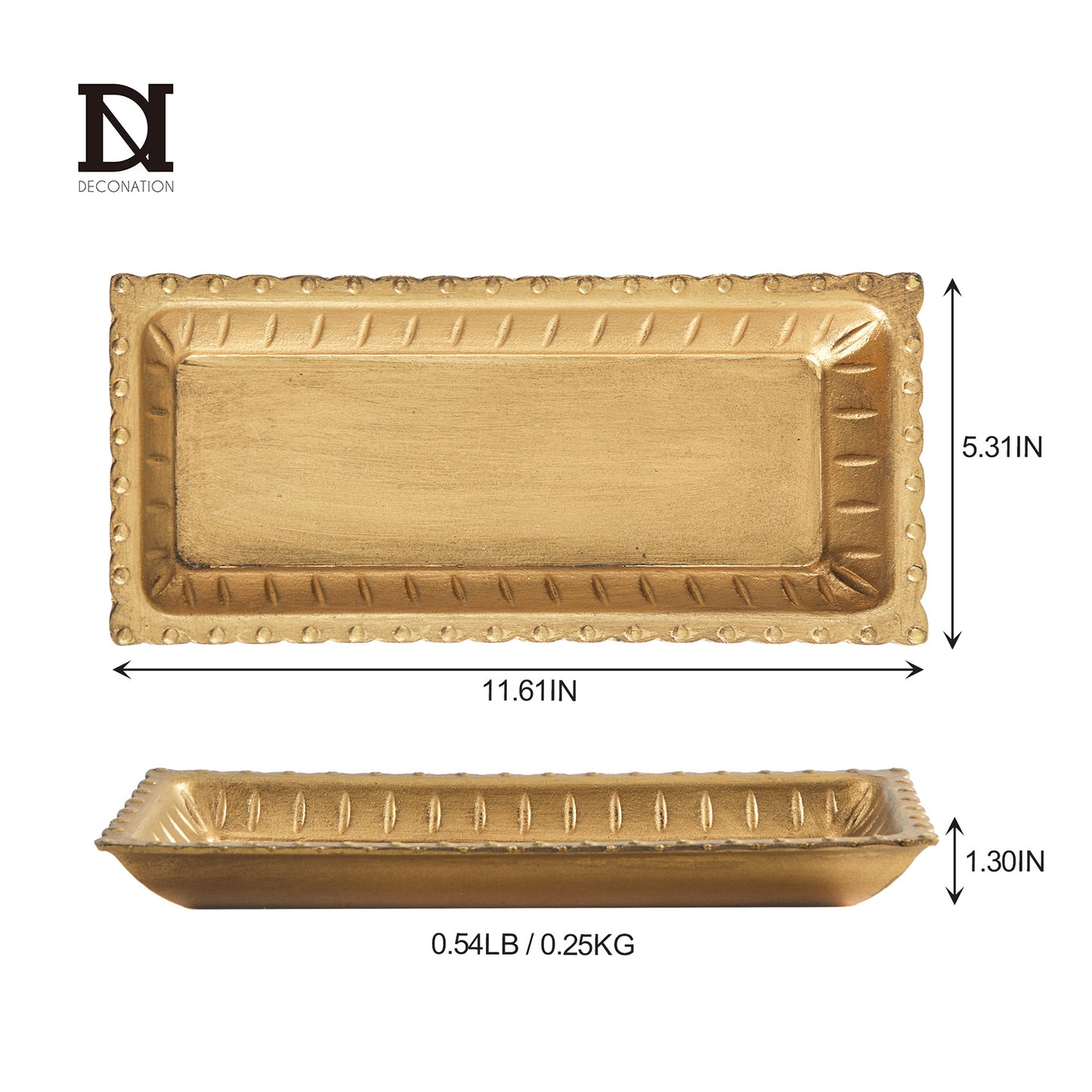 11.61x5.31x1.30in Wood Gold Rectangular Decorative Tray